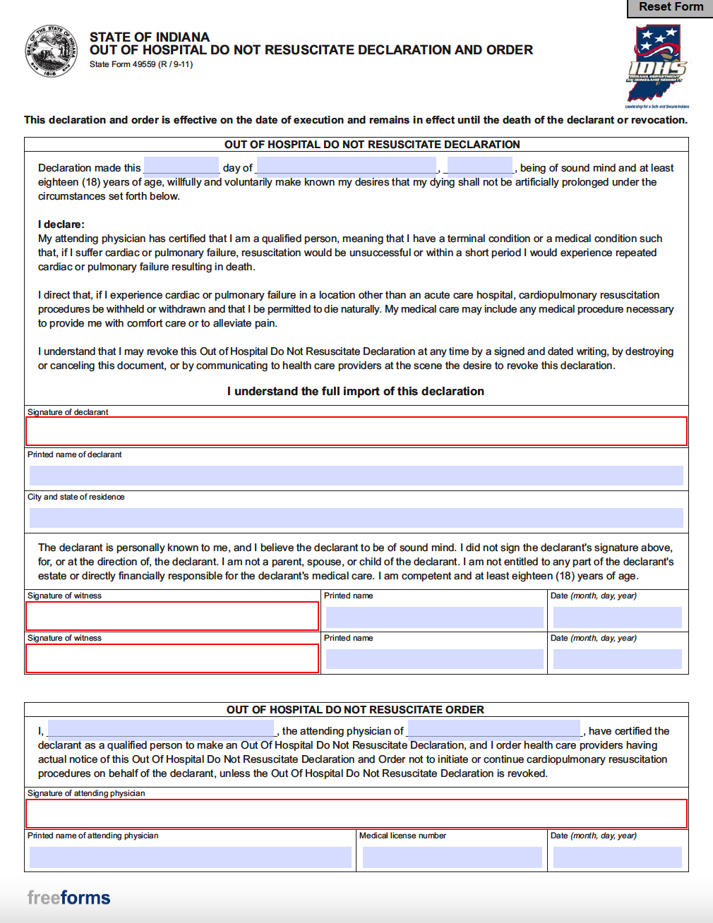 Free Indiana Living Will Form PDF WORD   Indiana Out Of Hospital Do Not Resuscitate DNR Declaration And Order Form 49559 