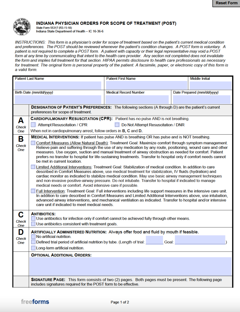 Free Indiana Living Will Form PDF WORD