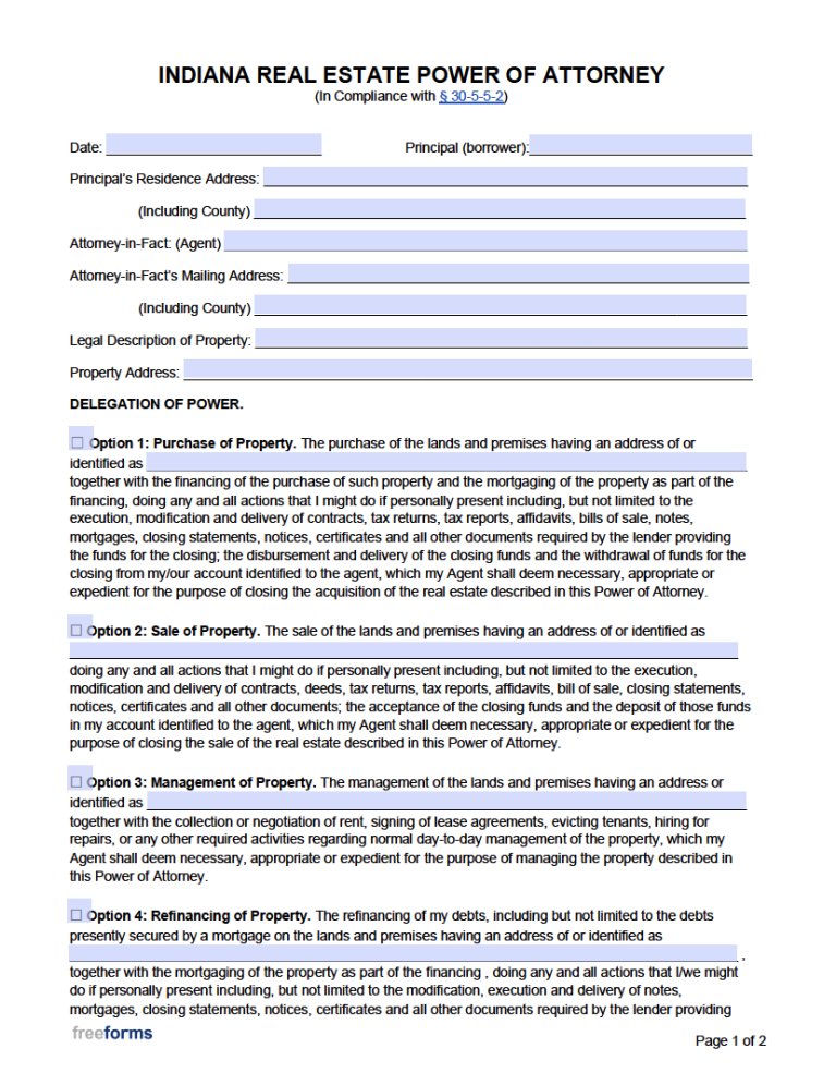 Free Indiana Real Estate Power of Attorney Form PDF WORD