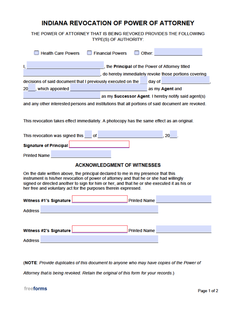 Free Indiana Power of Attorney Forms | PDF | WORD