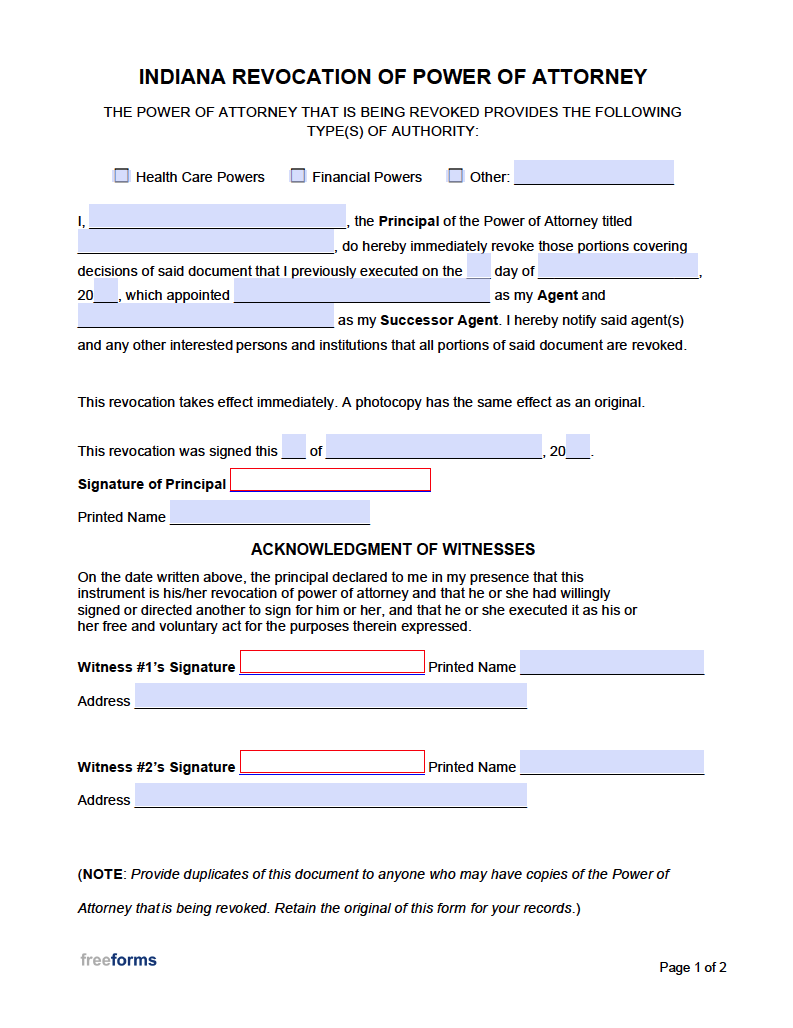 Free Indiana Revocation Of Power Of Attorney Form Pdf Word