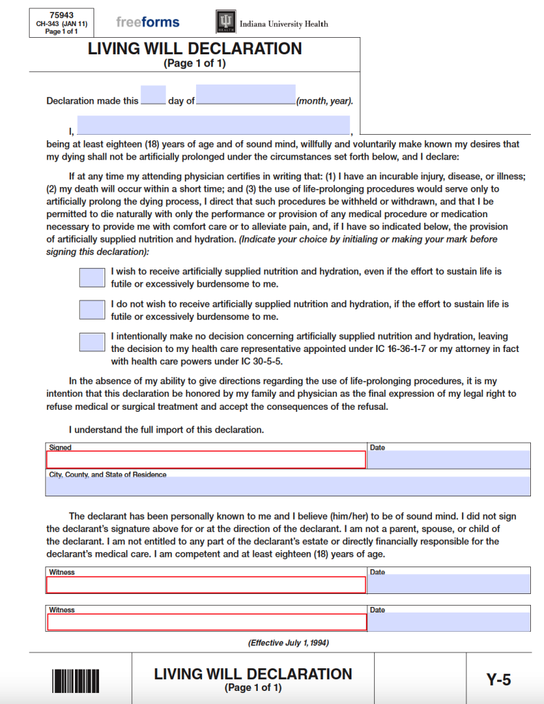Free Indiana Living Will Form | PDF | WORD