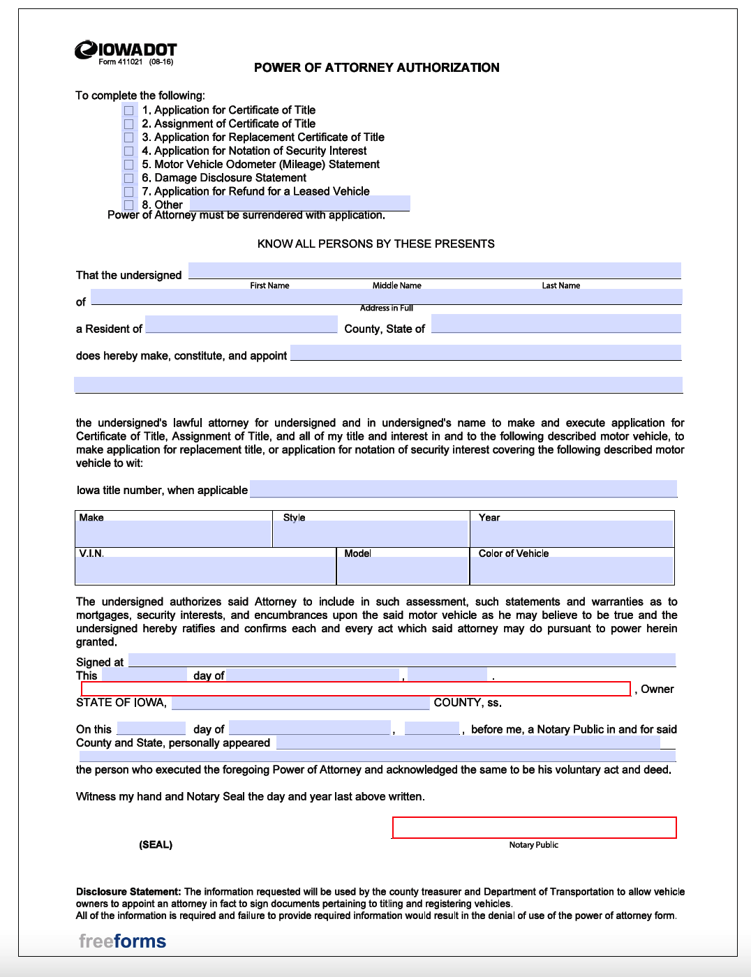 Free Iowa Motor Vehicle Power of Attorney Form | PDF