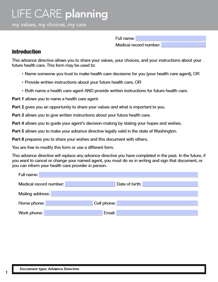 Free Washington Advance Directive Form (Medical POA & Living Will) PDF