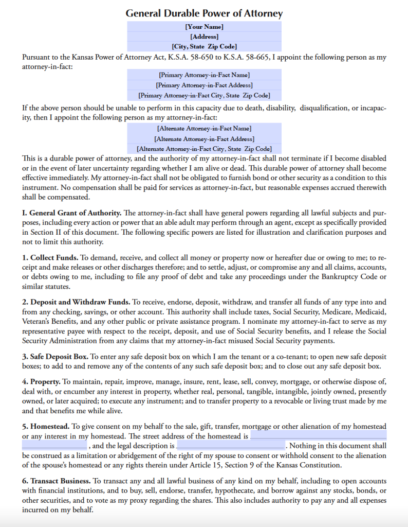 Free Kansas Durable (Financial) Power of Attorney Form PDF WORD