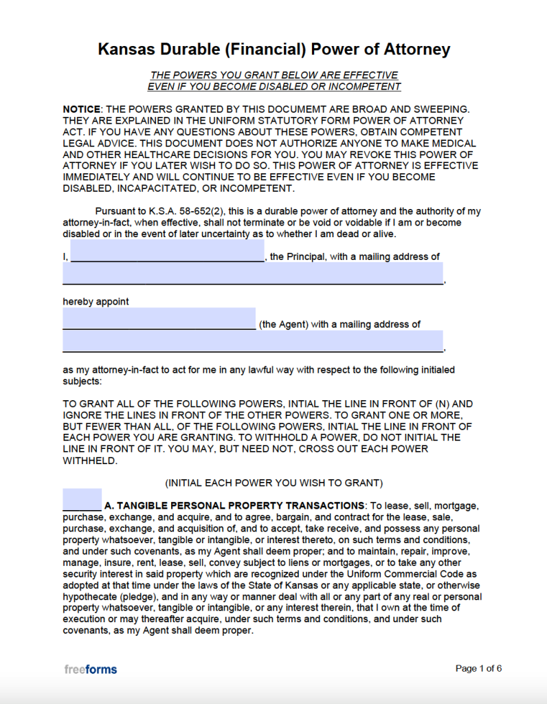 Free Kansas Power Of Attorney Forms PDF WORD