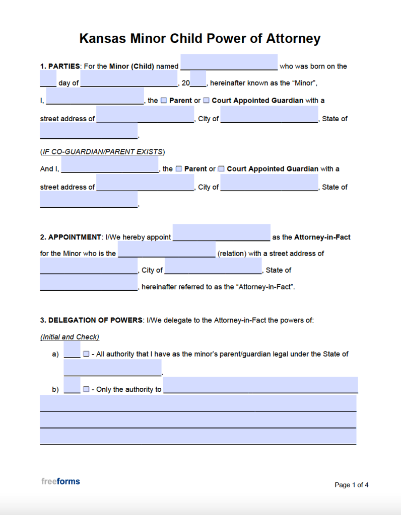 Free Kansas Minor Child Power of Attorney Form PDF WORD