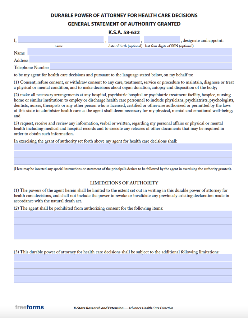 Free Kansas Advance Directive (Medical POA & Living Will) Form PDF