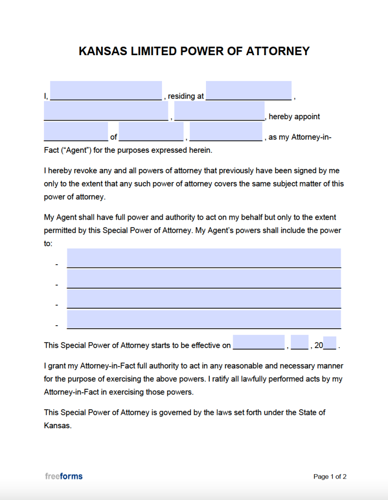 Free Kansas Limited (Special) Power of Attorney Form | PDF | WORD