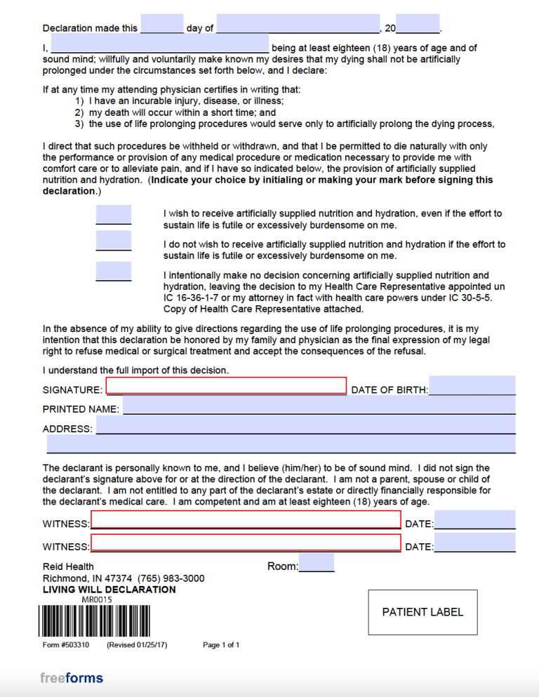 Free Indiana Living Will Form PDF WORD