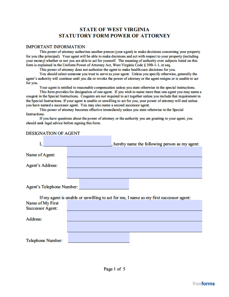 Free West Virginia Durable Financial Power Of Attorney Form PDF WORD