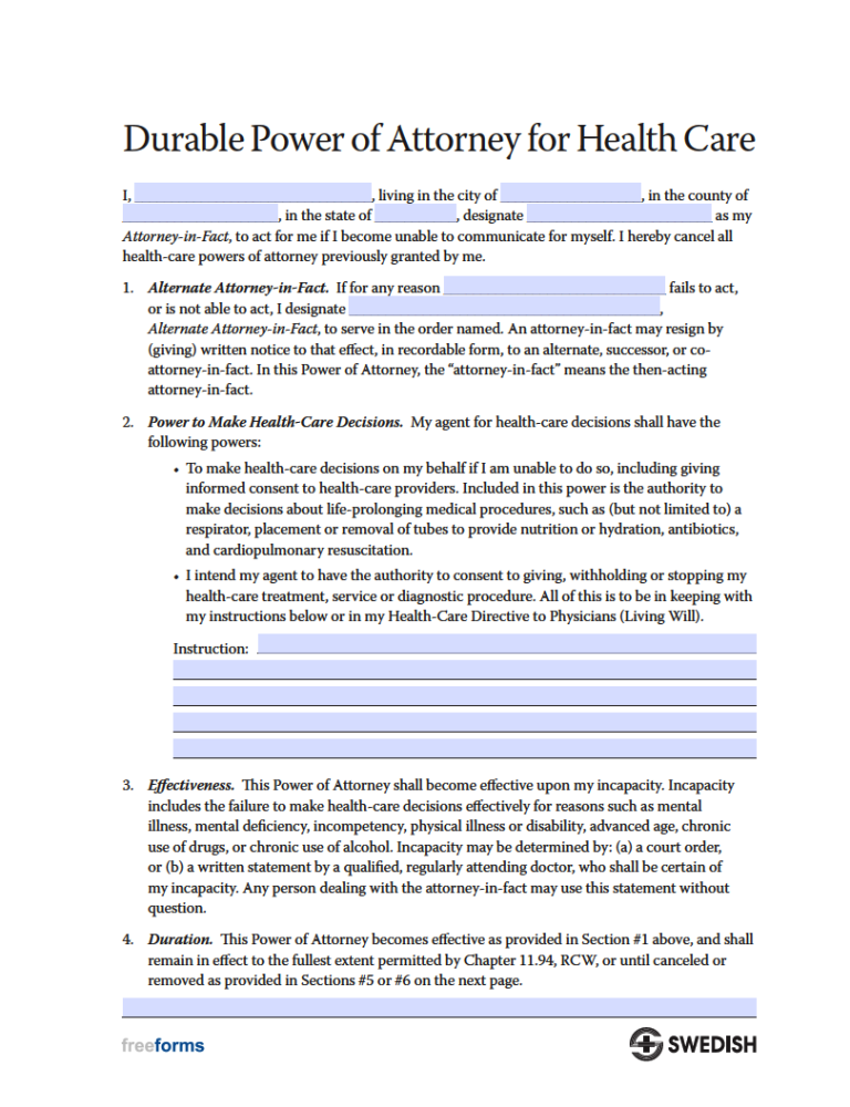 Free Washington Medical Power Of Attorney Form PDF