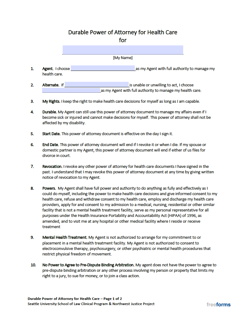 Free Washington Medical Power of Attorney Form | PDF