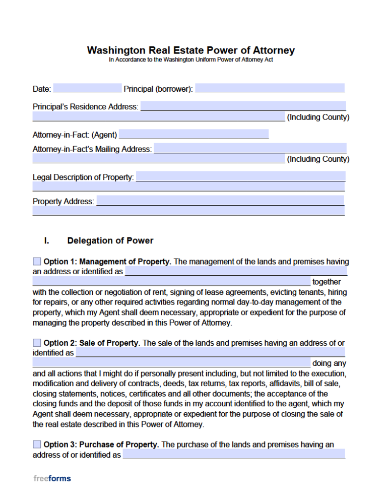 Free Washington Real Estate Power of Attorney Form PDF WORD
