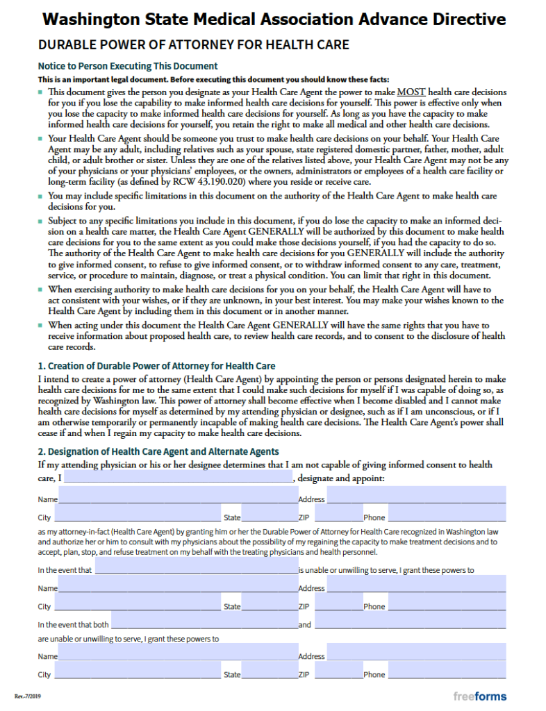 Free Washington Advance Directive Form (Medical POA & Living Will) | PDF