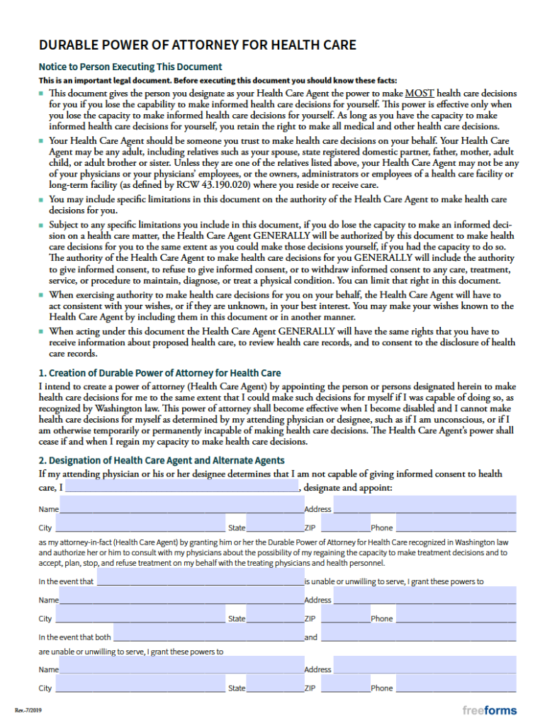 Free Washington Medical Power Of Attorney Form PDF