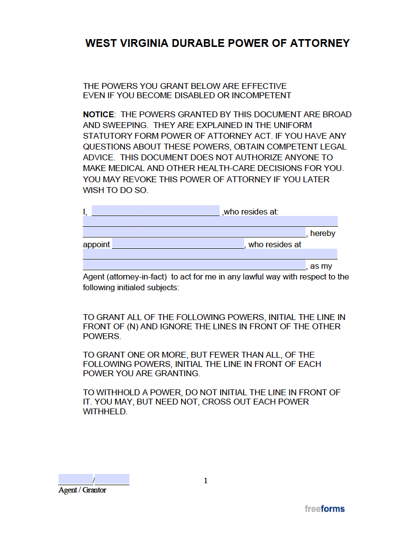 Free West Virginia Durable Financial Power Of Attorney Form PDF WORD