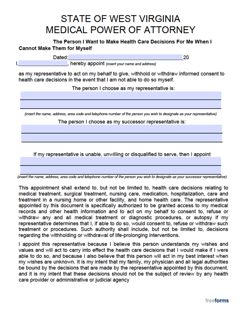 Free West Virginia Medical Power of Attorney Form PDF WORD