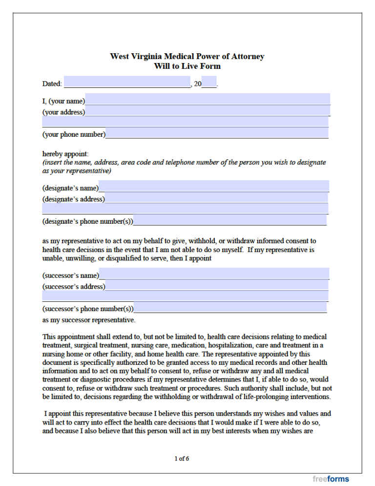 Free West Virginia Living Will Form | PDF