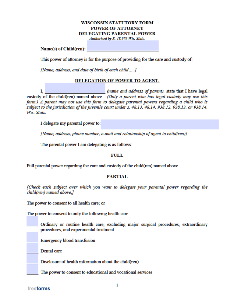 free-wisconsin-minor-child-power-of-attorney-form-pdf