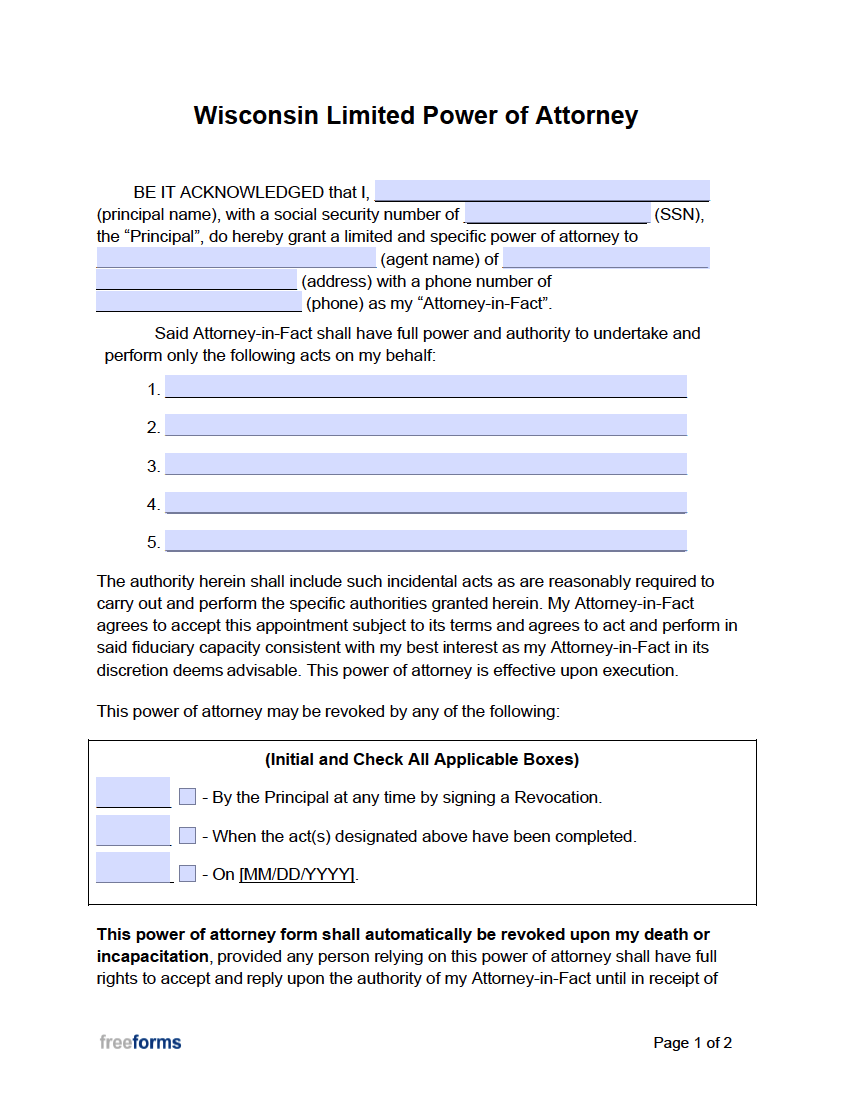 Free Wisconsin Limited (Special) Power of Attorney Form | PDF | WORD