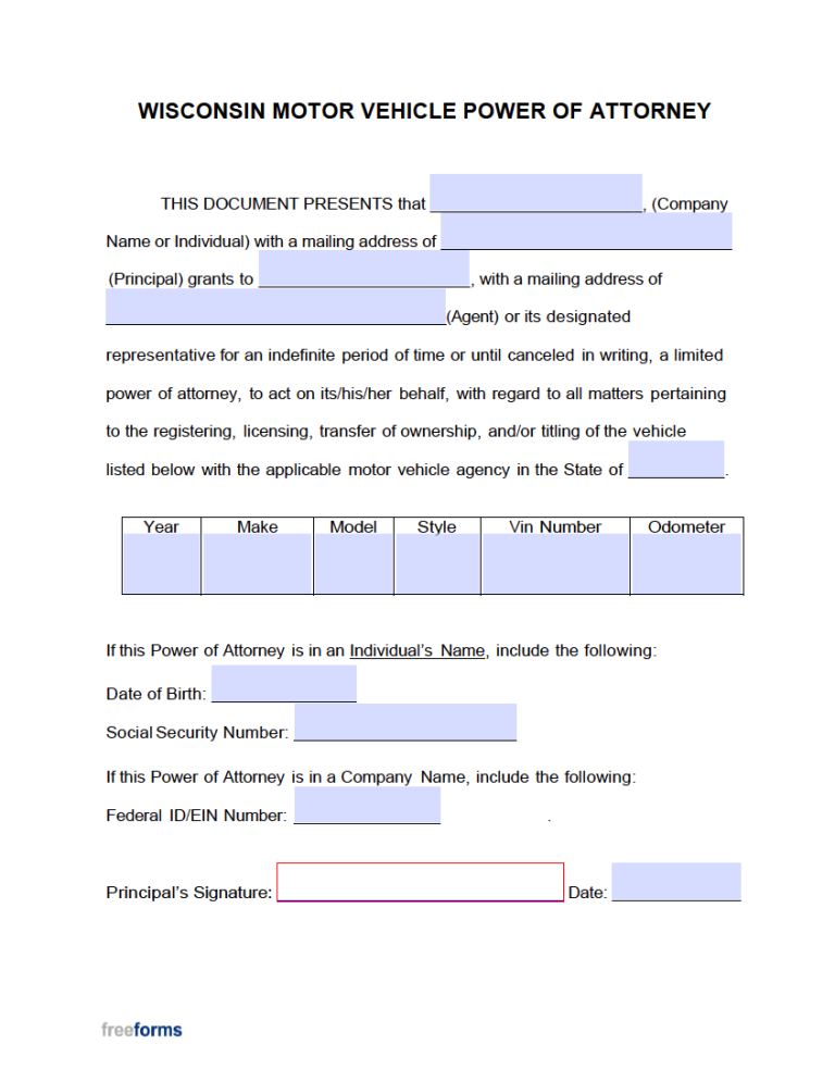 Free Wisconsin Motor Vehicle Power of Attorney Form | PDF | WORD