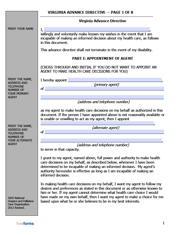 Free Virginia Advance Directive Form (Medical POA & Living Will) PDF