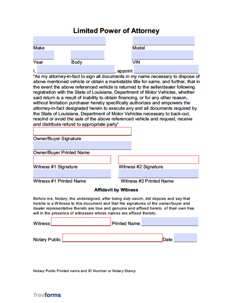 Free Louisiana Motor Vehicle Power of Attorney Form | PDF