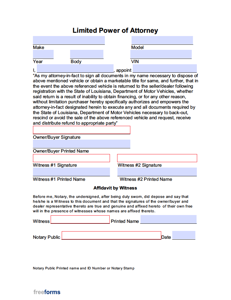 Free Louisiana Motor Vehicle Power of Attorney Form PDF