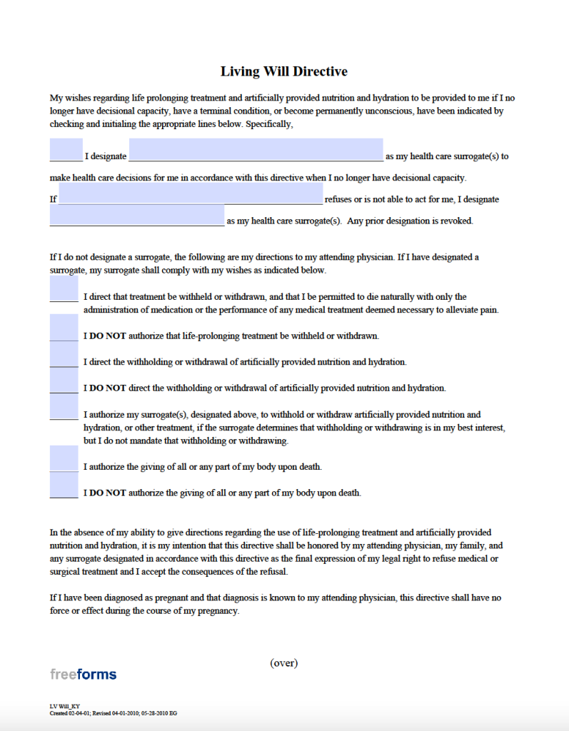 Free Kentucky Advance Directive Form (Medical POA & Living Will) | PDF