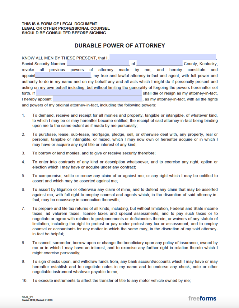 Free Kentucky Durable Financial Power Of Attorney Form Pdf Word 4374