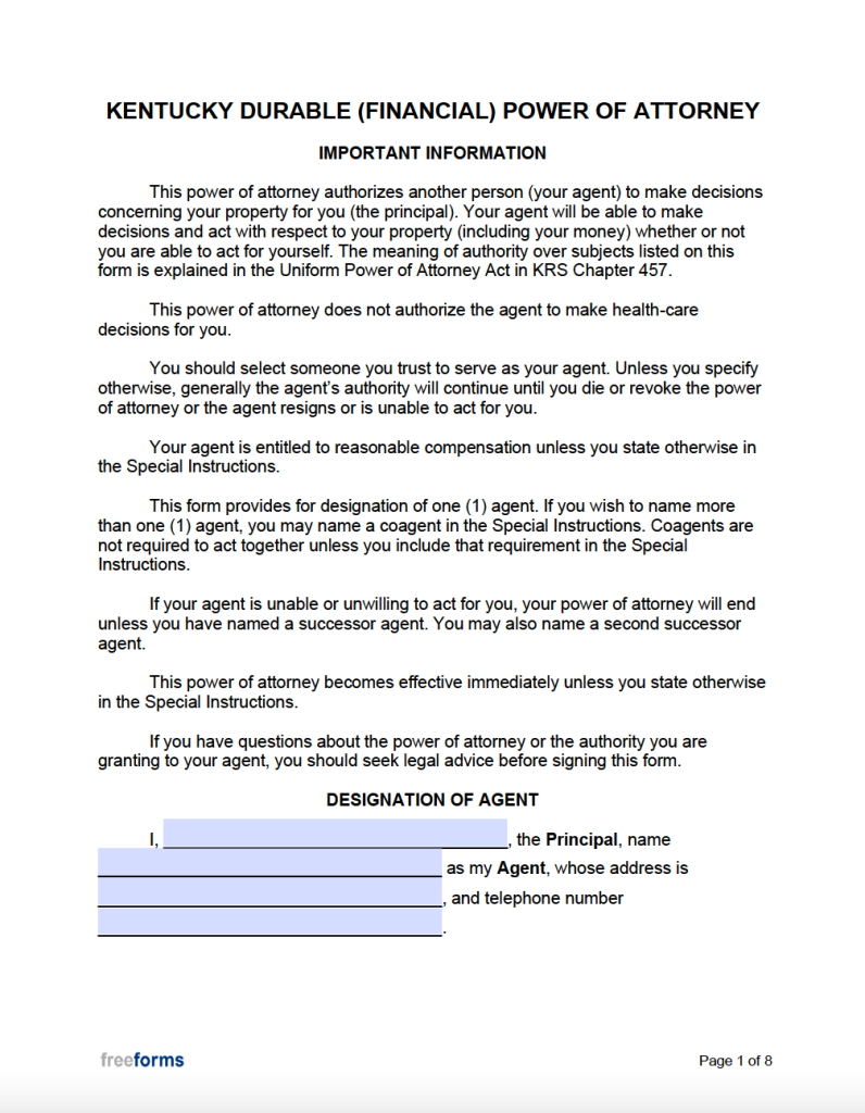 Free Kentucky Power Of Attorney Forms Pdf Word 8128