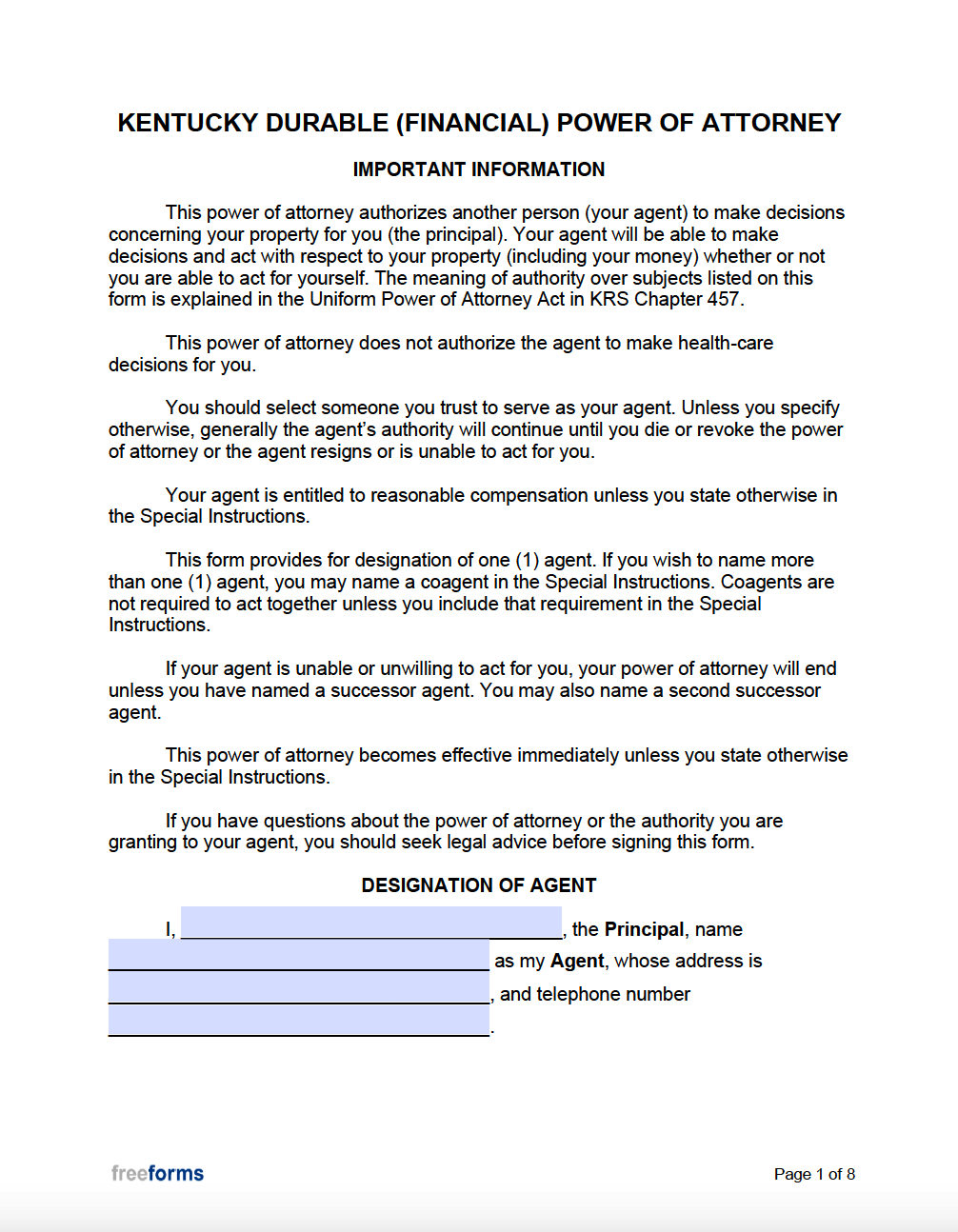 Free Kentucky Power Of Attorney Forms Pdf Word 1994