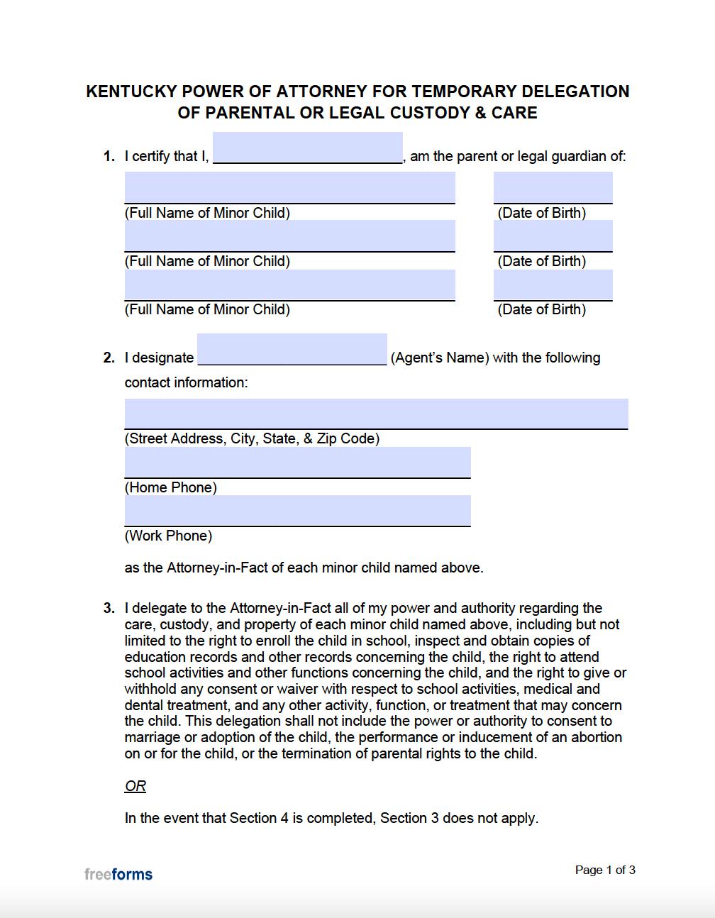 Free Kentucky Minor Child Power of Attorney Form PDF WORD