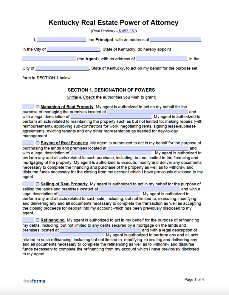 Free Kentucky Power Of Attorney Forms PDF WORD