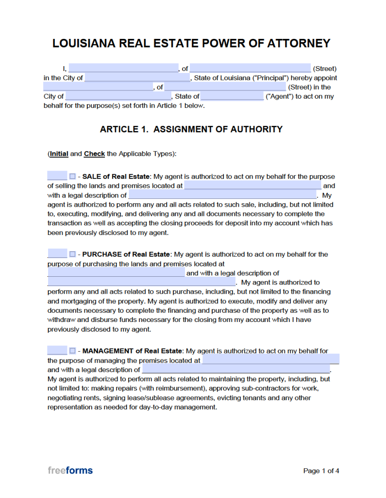 Free Louisiana Real Estate Power of Attorney Form PDF WORD