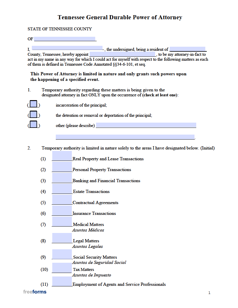 Free Tennessee Durable Financial Power Of Attorney Form PDF WORD