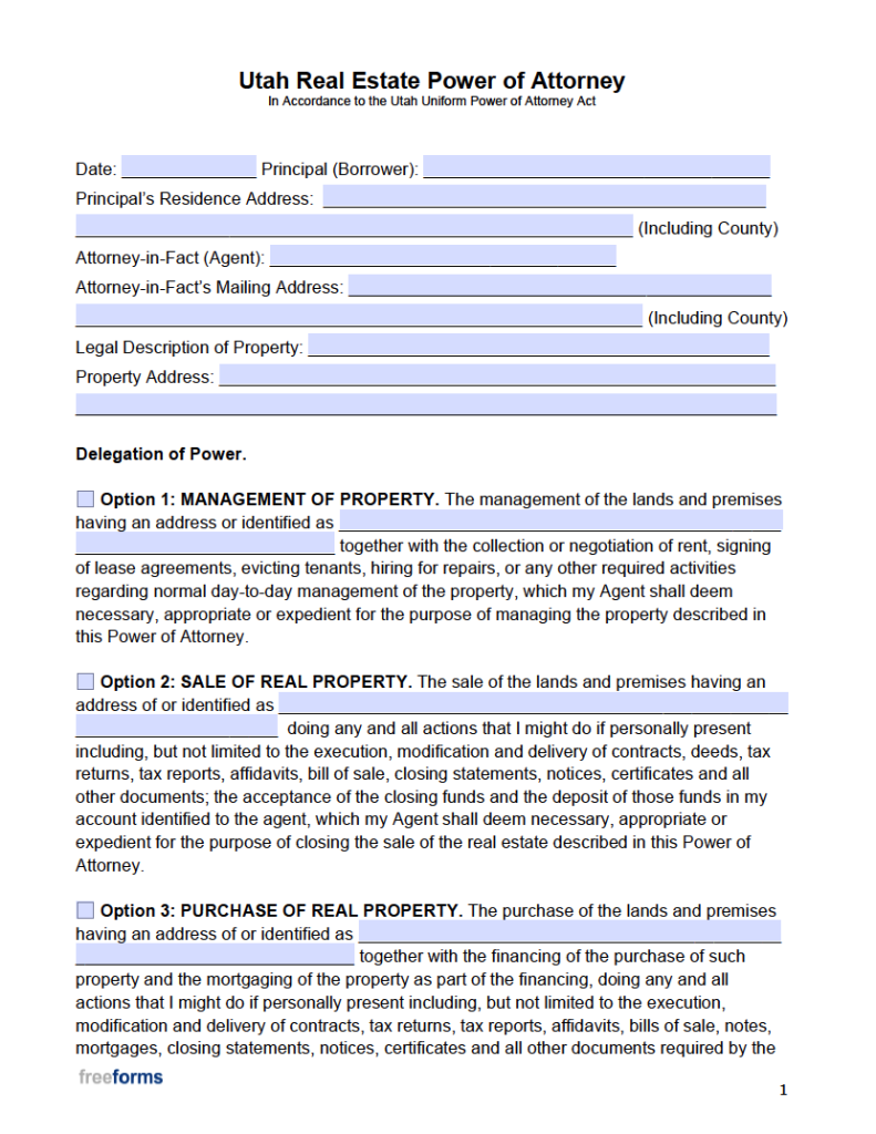 Free Utah Real Estate Power of Attorney Form PDF WORD