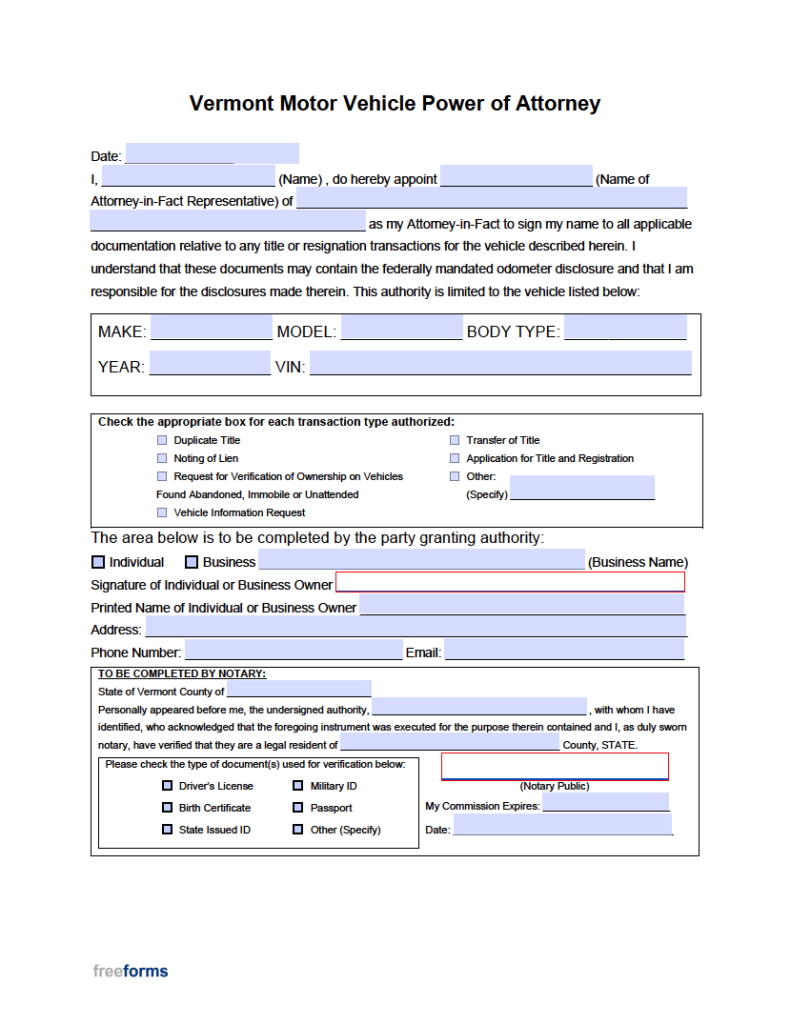 Free Vermont Motor Vehicle Power of Attorney Form | PDF | WORD