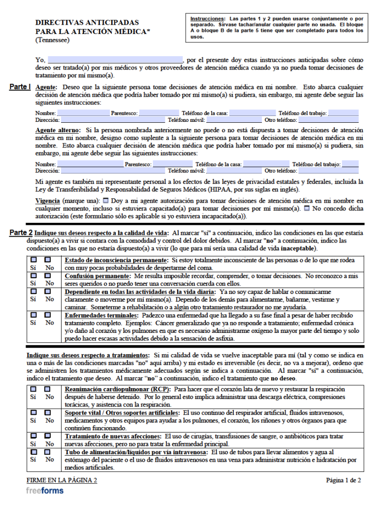 Free Tennessee Advance Directive Form (Medical POA & Living Will) PDF