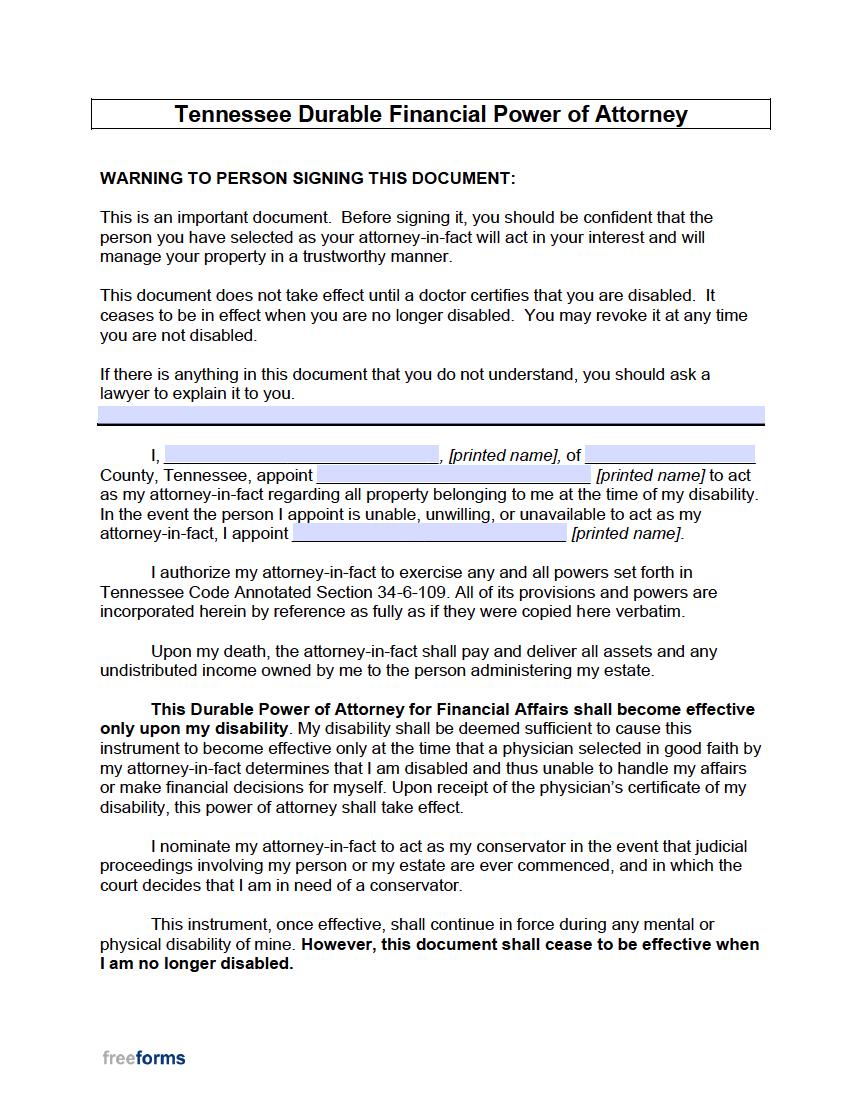 Free Tennessee Durable (Financial) Power of Attorney Form PDF WORD