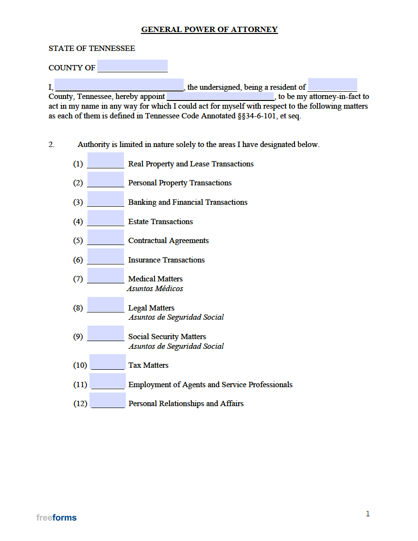 Free Tennessee General Financial Power Of Attorney Form PDF WORD   Tennessee General Power Of Attorney Form Version 1 