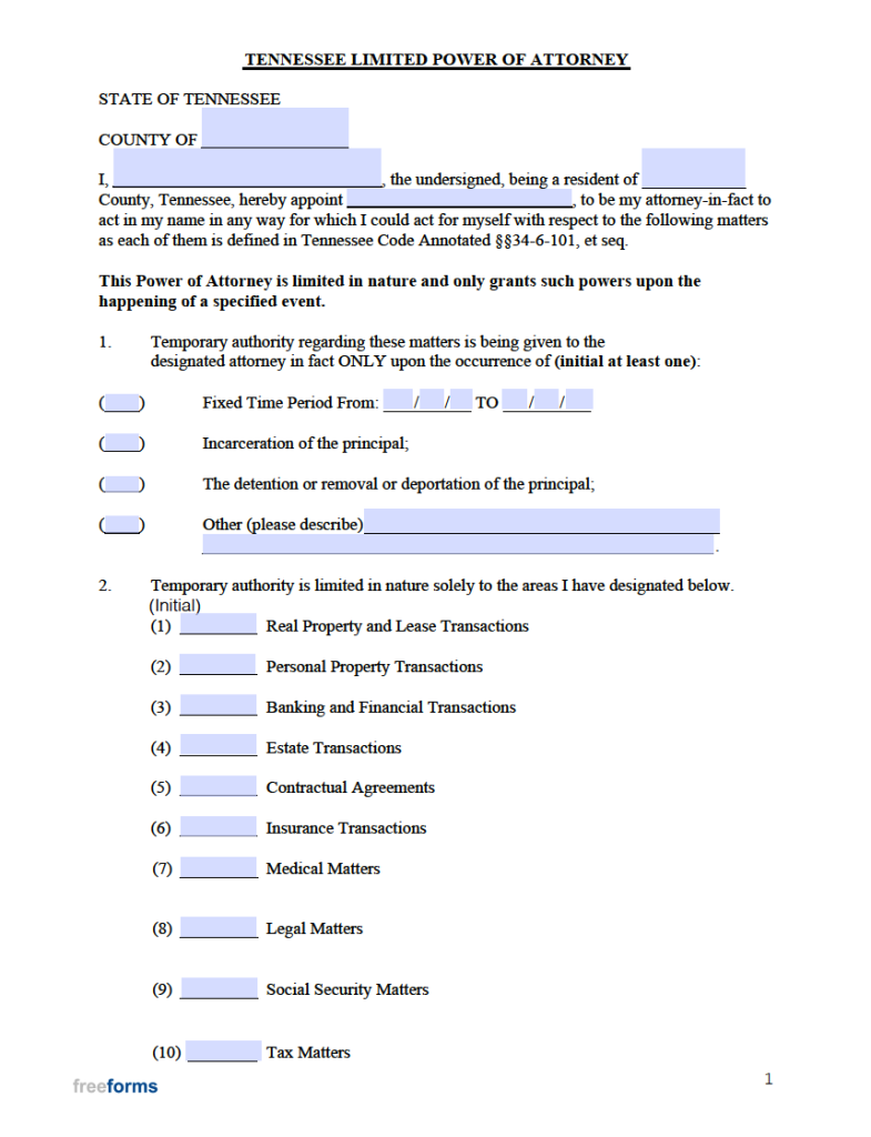 Free Tennessee Limited (Special) Power of Attorney Form | PDF | WORD