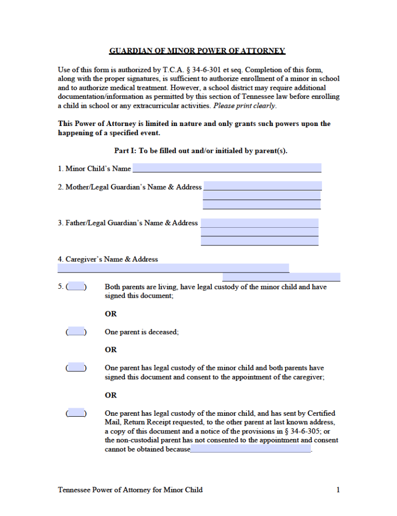 Free Tennessee Power of Attorney Forms | PDF | WORD