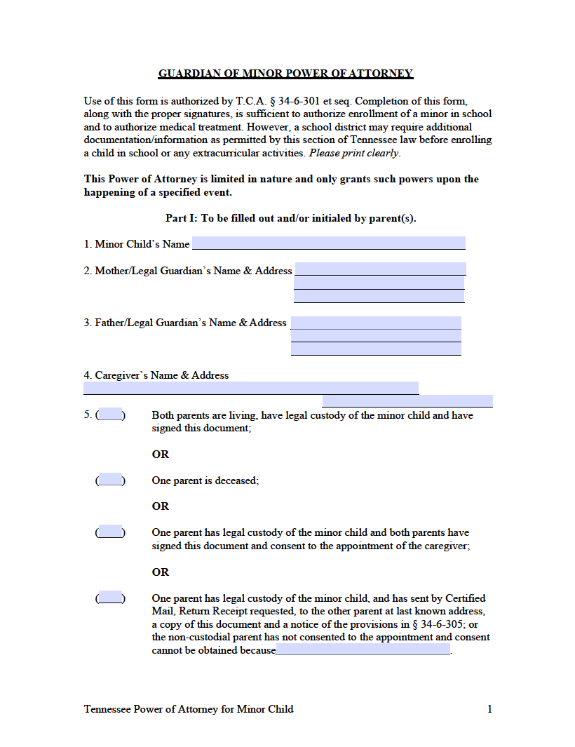 Free Tennessee Minor Child Power of Attorney Form | PDF | Word