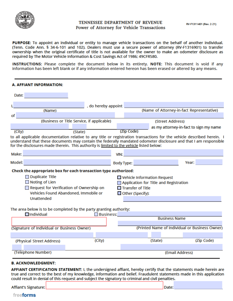 Free Tennessee Motor Vehicle Power of Attorney Form PDF