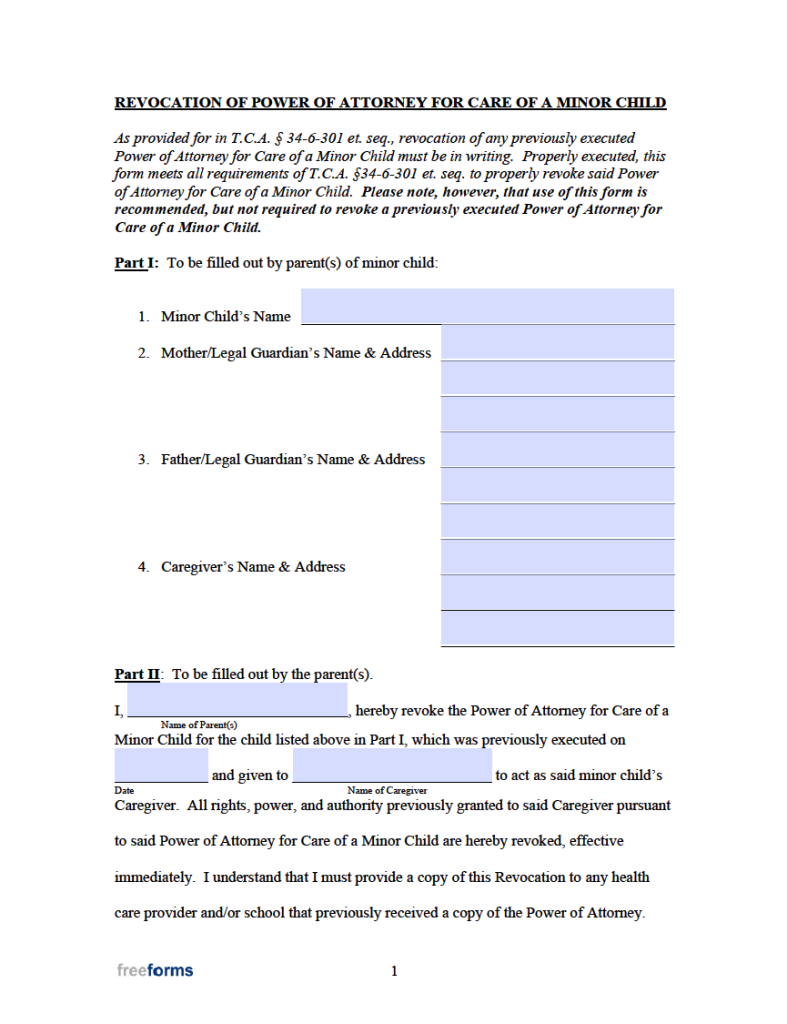 Free Tennessee Minor Child Power of Attorney Form | PDF | WORD