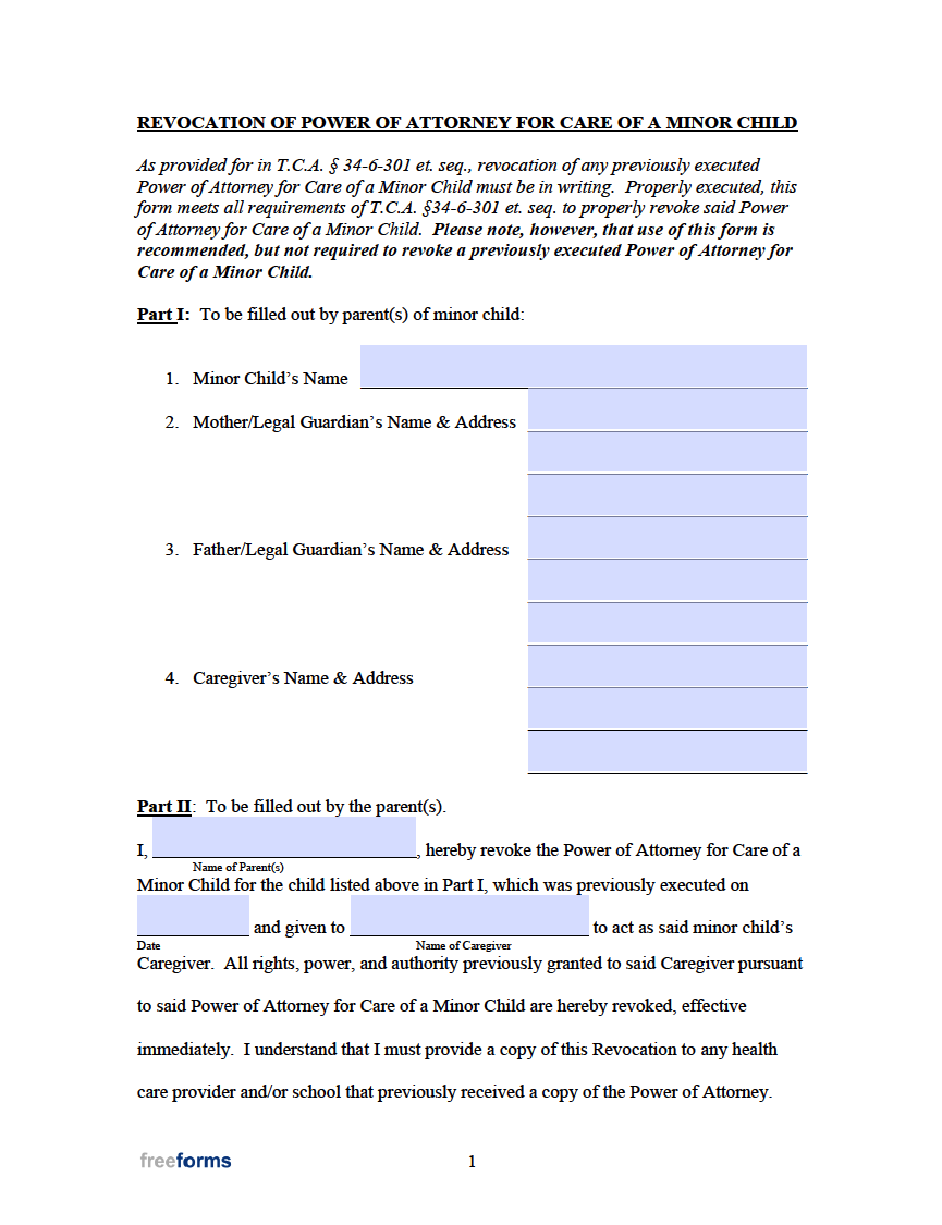Free Tennessee Minor Child Power of Attorney Form PDF WORD
