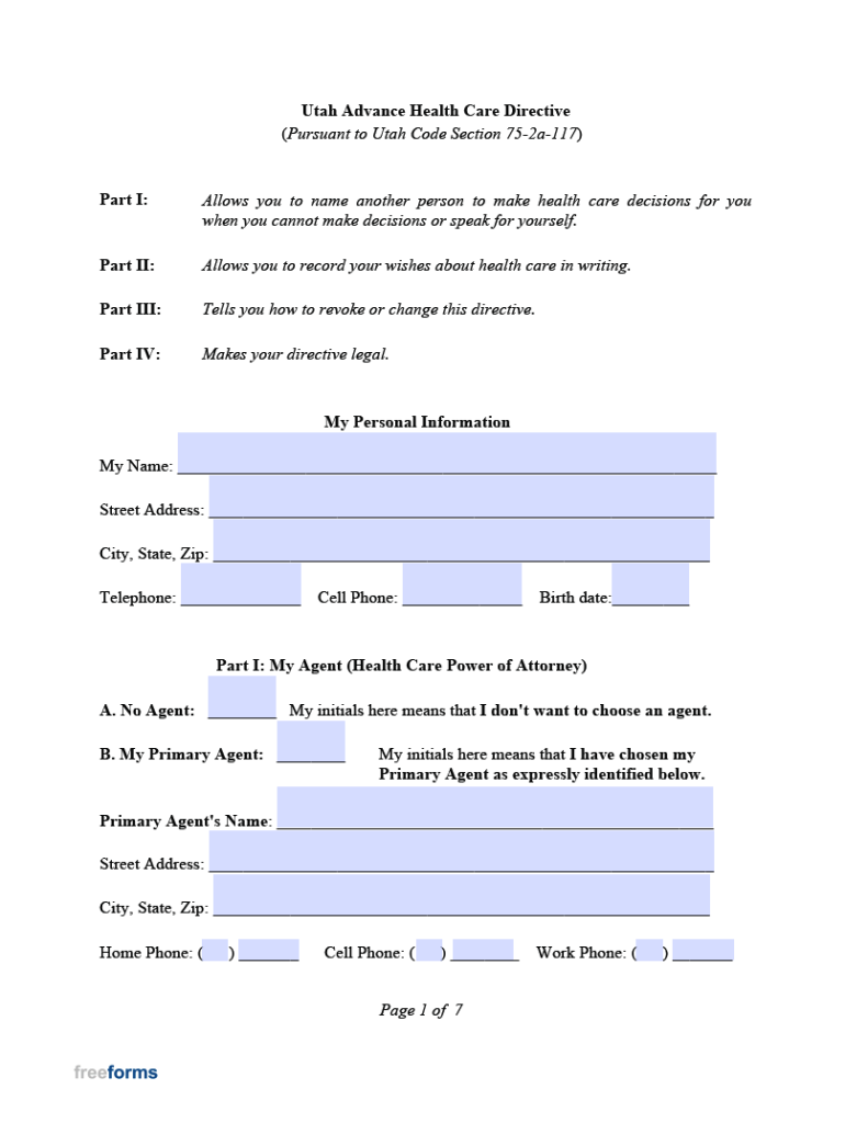 Free Utah Advance Directive Form (Medical POA & Living Will) PDF WORD