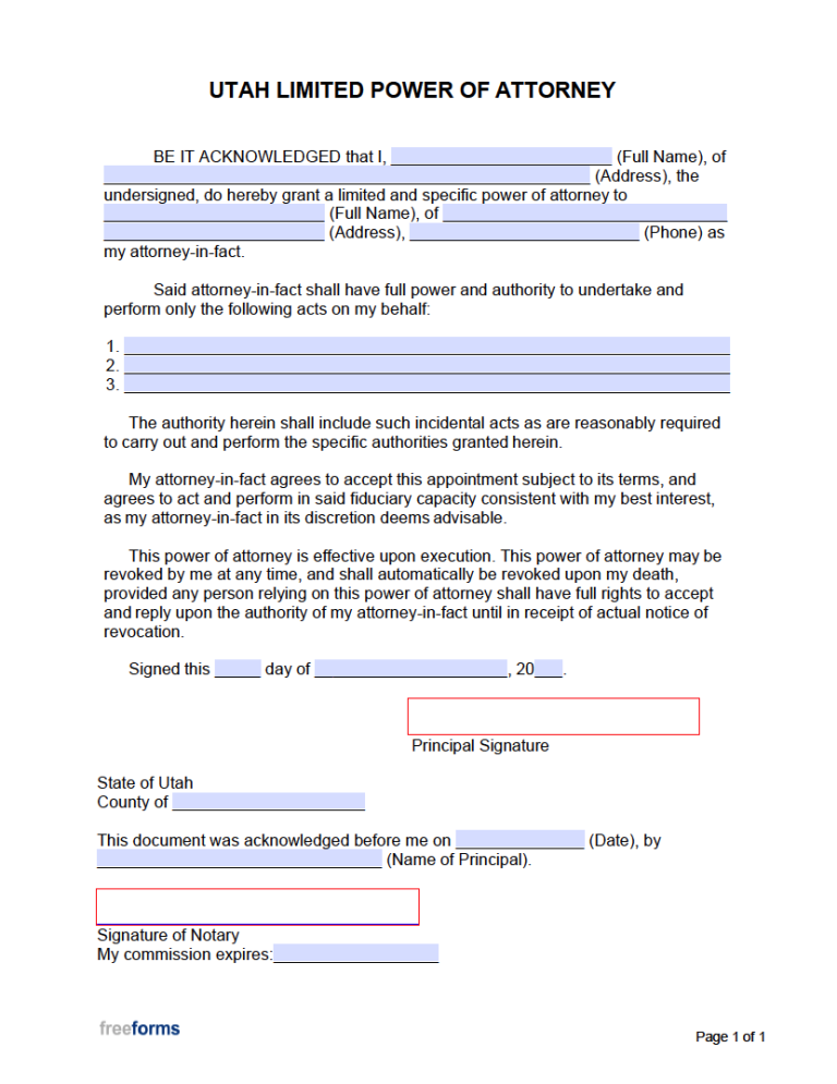 Free Utah Limited Special Power Of Attorney Form PDF WORD